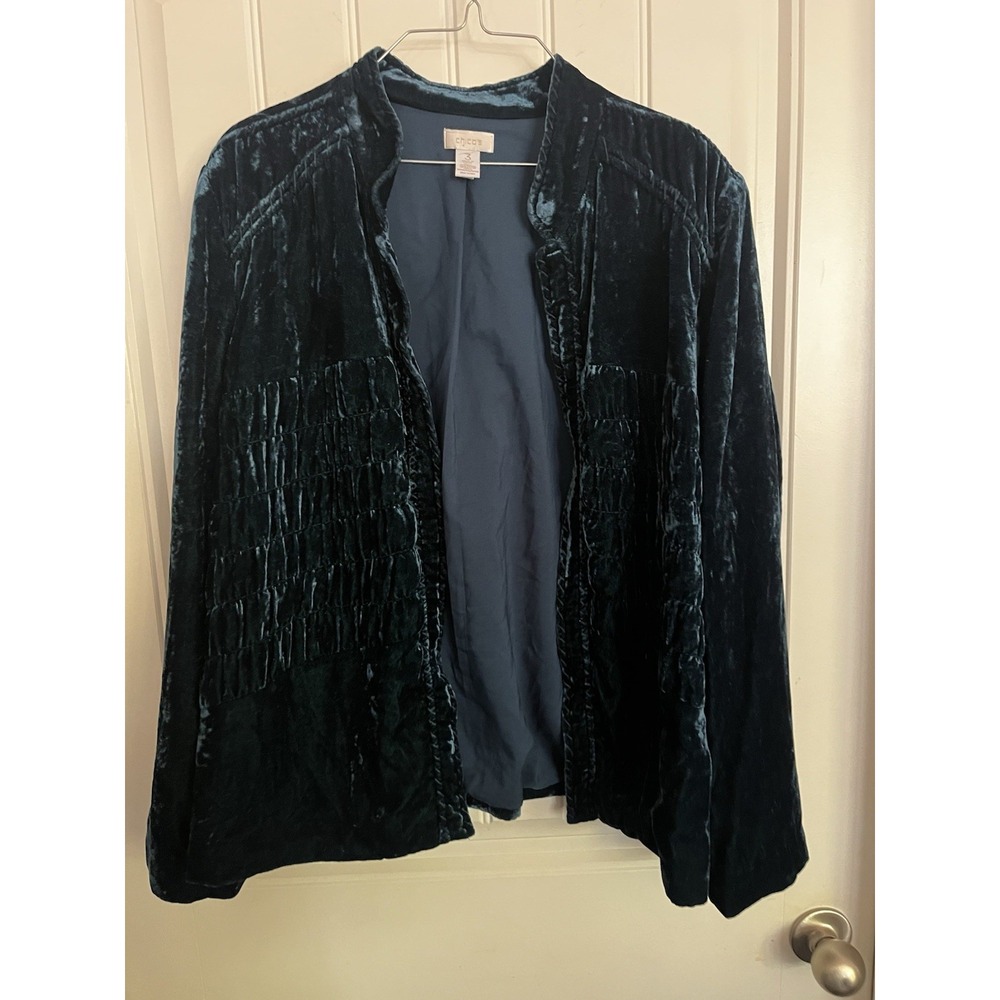Chico's Deep Teal Velvet Velour XL Size 3 Open Front Jacket 691